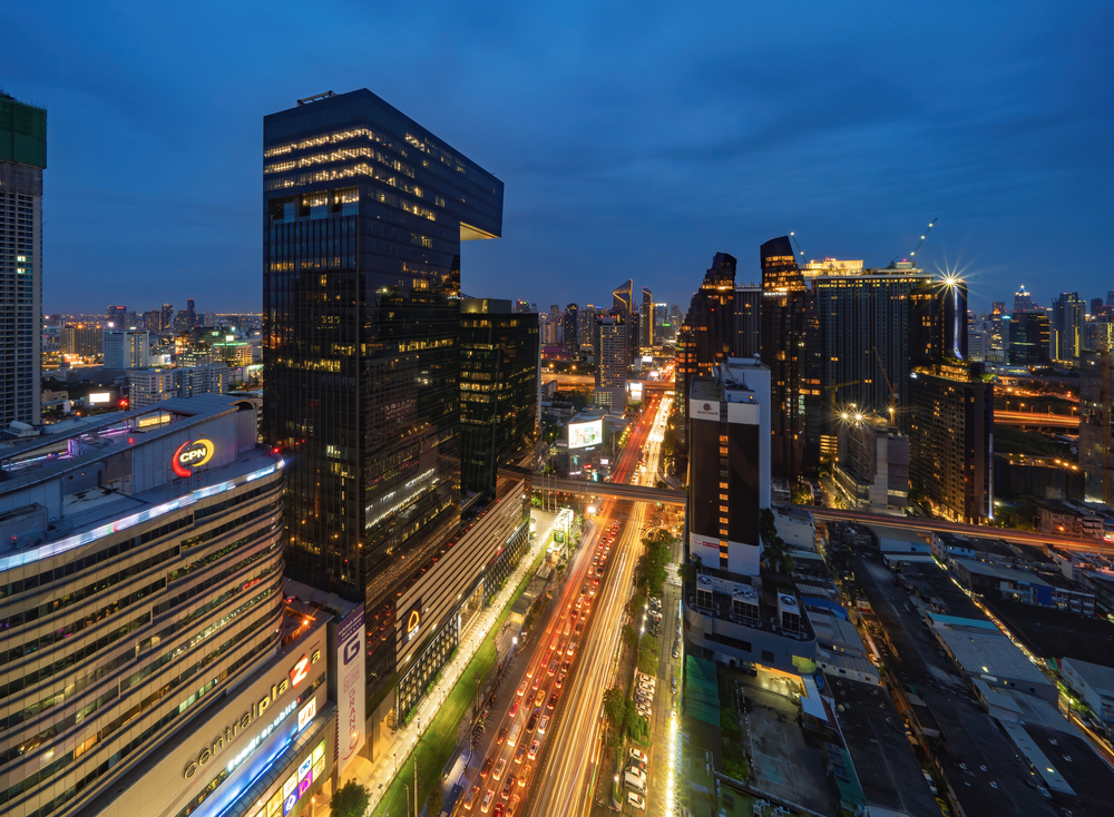 Aerial view of Rama 9 road in Rama 9, Bangkok. It’s an upscale neighbourhood.